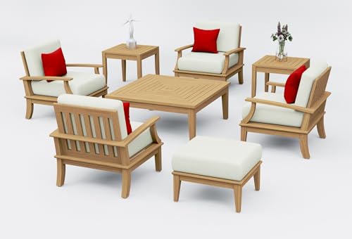 TeakStation 8 Pc Teak Wood Lounge Chair Set: 4 Lounge Chairs, Ottoman, Square Coffee Table & 2 Square Side Tables with Cushions in Outdoor Sunbrella Fabric #5404 Canvas Natural