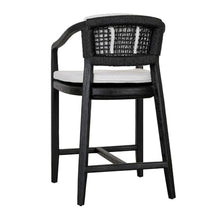 Benzara 25 Inch Outdoor Counter Stool Chair Woven Olefin Fabric Teak Black and Gray