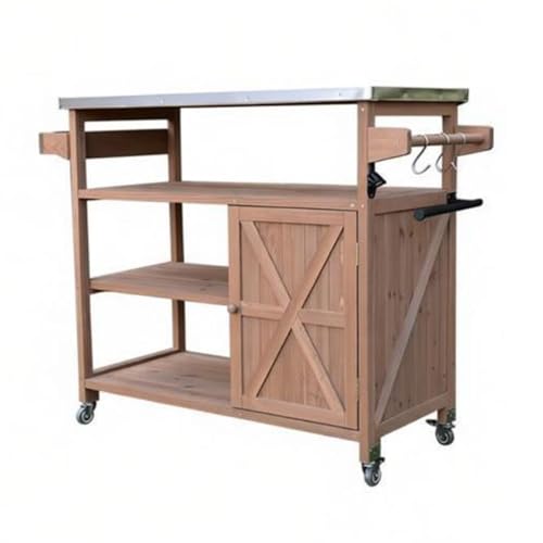 JOSOGO Outdoor Prep Table with Storage, Rolling Kitchen Island, Movable Bar Cart with Stainless Steel Top for Outside Patio, Backyard, Garden(B-Brown)