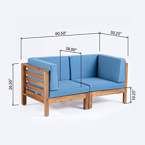 Great Deal Furniture GDFStudio Outdoor Sectional Loveseat Set 2-Seater Acacia Wood Teak Blue