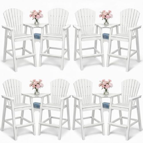 PASAMIC Tall Adirondack Chairs Set of 8, All-Weather HDPE Bar Height Patio Chairs with Double Tray, Heavy-Duty Outdoor Balcony Furniture for Garden, Backyard, White