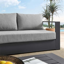 Pemberly Row Modern Outdoor Sofa, Powder-Coated Aluminum Frame with Gray Stain-Resistant Water-Resistant Fabric Cushions, 89" W x 31.5" D x 33" H, Dense Foam Padding, Weatherproof Patio or Poolside