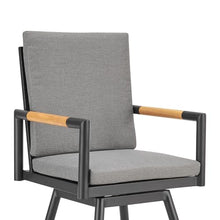 Armen Living Crown Outdoor Patio Swivel Bar Stool Black Aluminum with Wood Accent Dark Gray