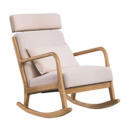 XYWGBMS Patio Lounge Chairs Upholstered Rocking Chair, Rubber Wood Frame Rocker Chair with Wood Base and Smooth Armrest, Padded Seat for Living Room Balcony, Support 15,White-82x65x94cm