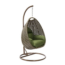 LeisureMod Wicker Rattan Hanging Egg Swing Chair with Stand & Cushion - Dark Green Swing Chair for Indoor/Outdoor, Patio, Bedroom, Lounge Seat
