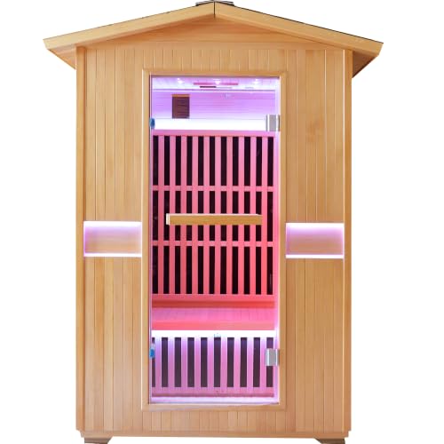 GDFStudio 47.24" 2000W Far Infrared Sauna Room, Canadian Hemlock Wood Indoor Outdoor Sauna Cabin with 8 Heating Plates, Colorful LED Lights, Beauty Lamp, Oxygen Bar, Tea Cup Holders, 120V, 2 Person