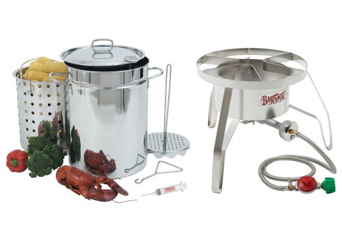 Bayou Classic Stainless Steel Turkey Fryer Kit ~ 32 Quart Turkey Fryer Pot - High Pressure Patio Stove with Windscreen
