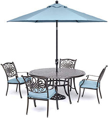 Hanover 5-Piece Traditions 48" Cast-Top Aluminum Patio Dining Set with Cushioned Chairs and Umbrella Stand Blue