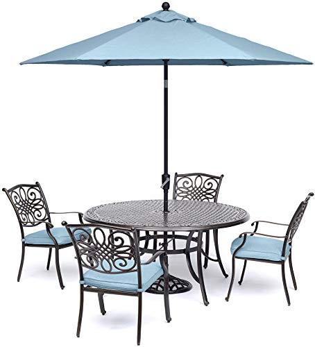 Hanover 5-Piece Traditions 48" Cast-Top Aluminum Patio Dining Set with Cushioned Chairs and Umbrella Stand Blue