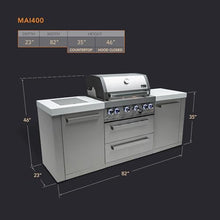 Mont Alpi Premium 82"W x 23"D x 46"H Stainless Steel Modular Outdoor Kitchen Island with Infrared Side Burner + 32"W 4-Burner BBQ Gas Grill + White Granite Countertops + Storage Cabinets + Drawers