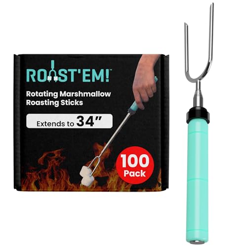 Jolly Green Products Rotating Marshmallow Roasting Sticks for Campfire & Bonfire | Extra Long Hot Dog & Smores Sticks for Fire Pit | Camping Smores Kit | Retractable Campfire Skewers | 100 Pack