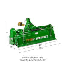 Titan Attachments 3 Point 60" Rotary Tiller Attachment, Fits Cat 1 Tractors, Green Finish, PTO Driven Cultivator with a 540 RPM Gearbox, Replaceable Tines, Aerates Ground Soil