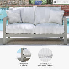 Signature Design by Ashley Moonlight View Contemporary Outdoor Nuvella Weather Resistant Fabric Loveseat with Cushion and 2 Throw Pillows, White & Light Gray