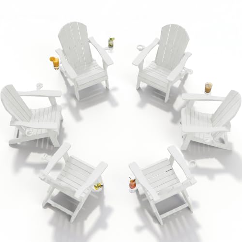 PLUUV Folding Adirondack Fire Pit Chairs Set of 6 with Cup Holders,White