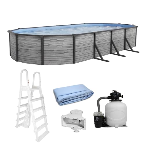 Blue Wave Montilla 12x24-ft Oval 52-in Deep Hard Sided Steel Frame Above Ground Pool with 6-in Steel Top Seats, 0.5 HP Sand Filter System, Ladder, Skimmer & Liner – 6,300 Gallon Cap for Family Use