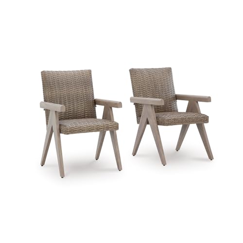 Signature Design by Ashley Haven Retreat Outdoor Arm Chair (Set of 2), All-Weather Resin Wicker, Rust-Resistant Aluminum Frame & Quick-Dry Foam Cushion, Casual Patio Dining Seating, Beige/Brown