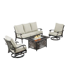 Black Aluminum Patio Fire Table Set with Deep Seating Sofa with Cushion and Two Club Chairs with Light Grey Cushions