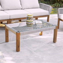 Afuera Living Modern Wicker Outdoor Cocktail Table, Acacia Frame with Glass Top and Rope Accents, Natural Finish, 39.5 in Wide, Weather-Resistant Design for Patio, Poolside, or Screened Porch Use