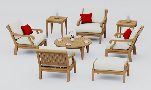 TeakStation 8 Pc Teak Wood Lounge Chair Set: 4 Lounge Chairs, Ottoman, Round Coffee Table & 2 Side Tables with Cushions in Outdoor Sunbrella Fabric #5404 Canvas Natural