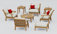 TeakStation 8 Pc Teak Wood Lounge Chair Set: 4 Lounge Chairs, Ottoman, Round Coffee Table & 2 Side Tables with Cushions in Outdoor Sunbrella Fabric #5404 Canvas Natural