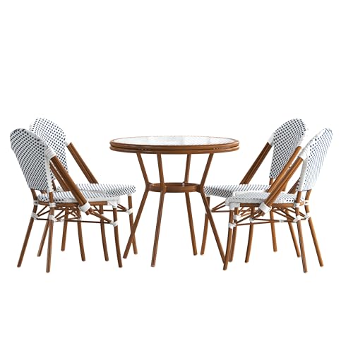 Flash Furniture Lourdes Indoor/Outdoor Commercial French Bistro Set - Tempered Glass Top Table - 4 Chairs - PE Rattan - NAT Bamboo Print Aluminum Frame - White/Navy