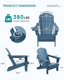 SERWALL Folding Adirondack Chair Set of 4 with Cup Holder for Fire Pit-Blue
