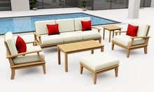 WholesaleTeakFurniture Somer 6 Piece Teak Wood Sofa Set: Sofa, 2 Lounge Chairs, Ottoman, Rectangle Coffee Table & Square Side Table with Cushions in Outdoor Sunbrella Fabric #5404 Canvas Natural