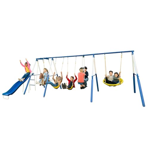 Sportspower Outdoor Super 8 Metal Swing Set with Slide & Swings Yellow/White/Blue