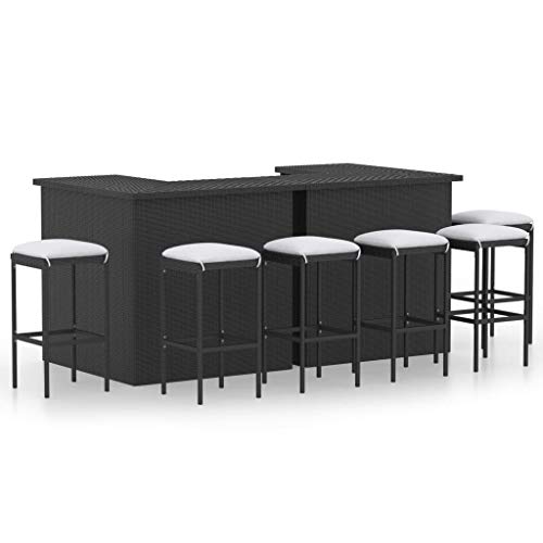 vidaXL 8-Piece Outdoor Patio Bar Set - Weather- Poly Rattan, Removable Cushions, Easy-to-Clean - Black/Cream