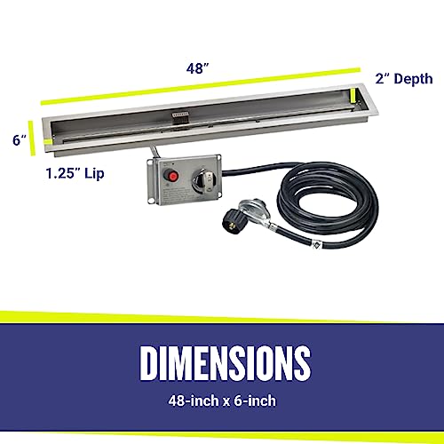 American Fire Products | 48" x 6" Linear Drop-in Fire Pit Pan with Electric Ignition System Kit, CSA | Stainless Steel, Use in Outdoor Fire Pit | for Natural Gas or Propane Fires