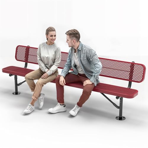 OUTTANS Heavy-Duty Outdoor Metal Bench (8 Ft - Surface with Back, Red)