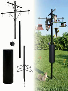 Backyard Essentials Squirrel Proof Bird Feeder Pole with Squirrel Baffle - 8 Hook Heavy Duty Stand - 8+ Foot Tall Black Powder Coated Steel Pole with Deep Set Auger Anchor