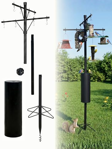 Backyard Essentials Squirrel Proof Bird Feeder Pole with Squirrel Baffle - 8 Hook Heavy Duty Stand - 8+ Foot Tall Black Powder Coated Steel Pole with Deep Set Auger Anchor