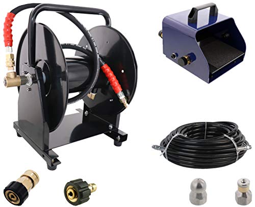 Schieffer Sewer Jetting Kit - Foot Control Valve Hose Reel 3/8" x 100' Sewer Jetting Hose Button Nose and Rotating Nozzles