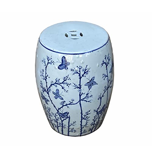 orientliving Chinese Porcelain Flower Butterflies Table Stool Blue White