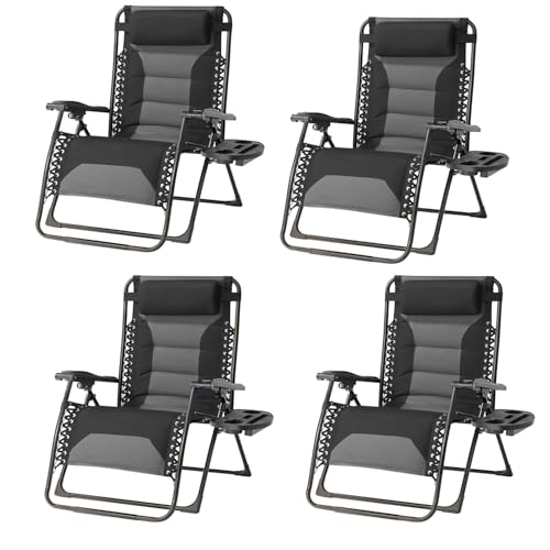 Foristrail Zero Gravity Chair Set of 4 Oversized Padded Recliner with Adjustable Headrest & Cup Holder - 600D Oxford Folding Lounge Chair for Outdoor Camping, Patio, Poolside (Black & Gray)