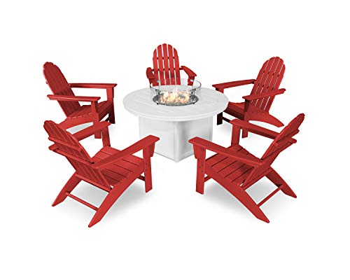 POLYWOOD® Vineyard Adirondack 6-Piece Chat Set with Fire Pit Table in Sunset Red/White