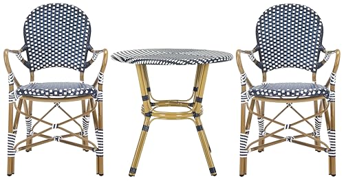 SAFAVIEH Outdoor - Hooper California 3 Piece Bistro Set - Navy & White Faux Wicker & Aluminum Frame - Coastal Design - Ideal for Patio, Deck, Sunroom, Dining Area (PAT9501A-KIT2)