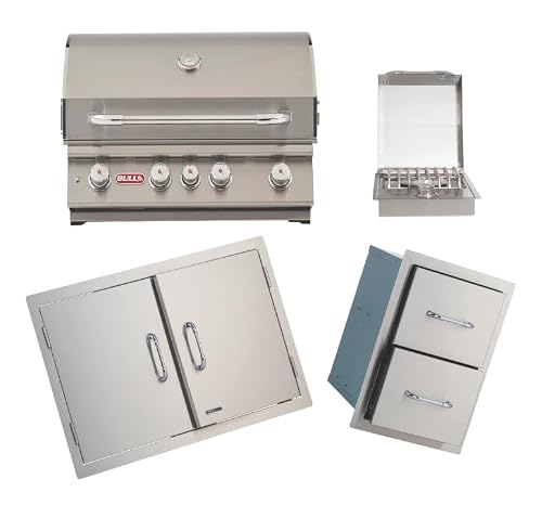 Bull Outdoor Products Premium Outdoor Kitchen Bundle – Angus 75,000 BTU Built-In Grill Head, Double Drawer with Reveal, 38" Double Doors, Single Side Burner, 304 Stainless Steel – LP