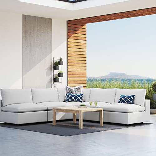 Modway Commix Sunbrella Outdoor Patio Sectional Sofa, 5 Piece Armless L Shape, White