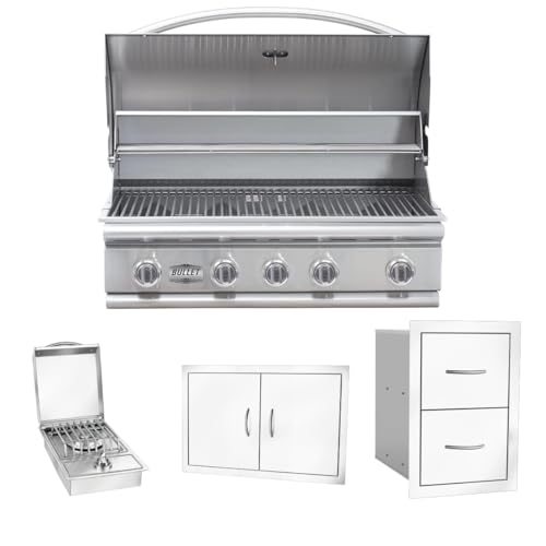 Bullet by Bull Stainless Steel Outdoor - Built-In Natural Gas Grill -Outdoor Kitchen Island Bundle - Includes 5 Burner BBQ, Side Burner Double Access Door & Double Storage Drawer