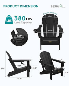 SERWALL Folding Adirondack Chair Set of 4, Fire Pit with Cup Holder -Black
