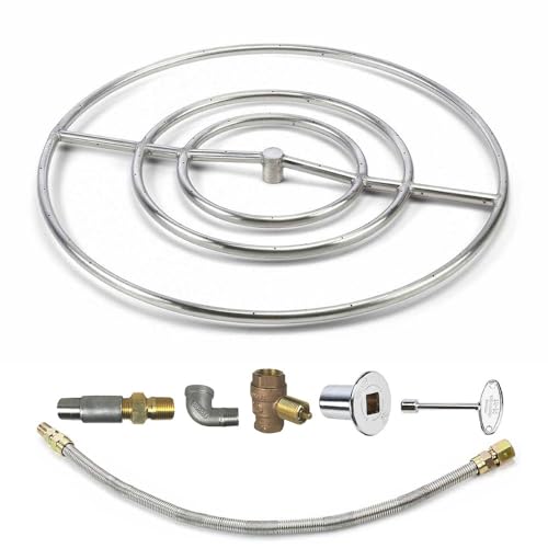 Spotix HPC Round Match Lit Fire Pit Burner Kit (FPS30HCKIT-LP-MSCB) with 30-Inch Stainless Steel Burner, Propane, Polished Chrome, with Flange, Key, Valve, Flex Line and Fittings