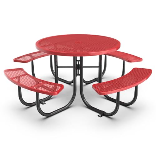 Hassyee Heavy Duty Outdoor Picnic Table and Build-in Benches Set with Mesh Design for Poolside,Garden, Patio Furniture Set with Steel Legs and Umbrella Hole for Park, Balcony (Red Round Table)