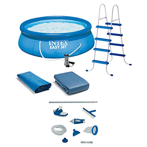INTEX Easy Set 15ft x 48in Round Above Ground Swimming Pool Set Bundle