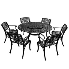 Oakland Living Modern Ornate Outdoor Aluminum 59-in Round Patio Dining Set with Lazy Susan and Six Chairs Black