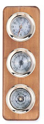 HS Clock, Barometer & Thermometer Brass Weather Station on Oak Wood Base