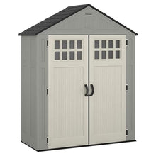 Suncast Everett 6x3 ft Vertical Storage Shed - Resin Outdoor Garden Shed with Floor, Windows, Skylight & Lockable Double Doors. Slim Yard Storage for Utility Tools & Backyard Equipment