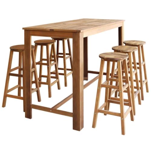 Zexlorith Bar Table & 6 Stools Set, Acacia Wood Bistro Furniture, Brown