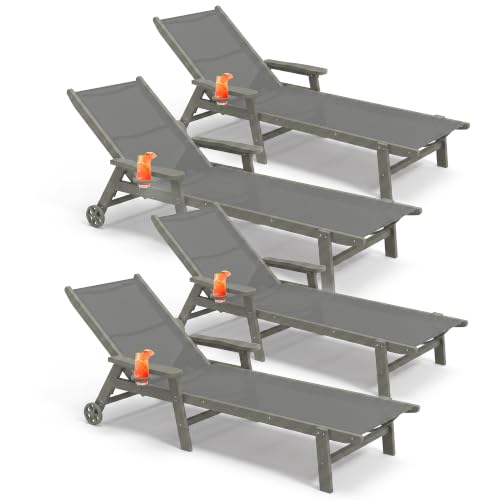 PLUUV Outdoor Pool Chaise Lounge Chairs Set of 4 with Cup Holder, Gray